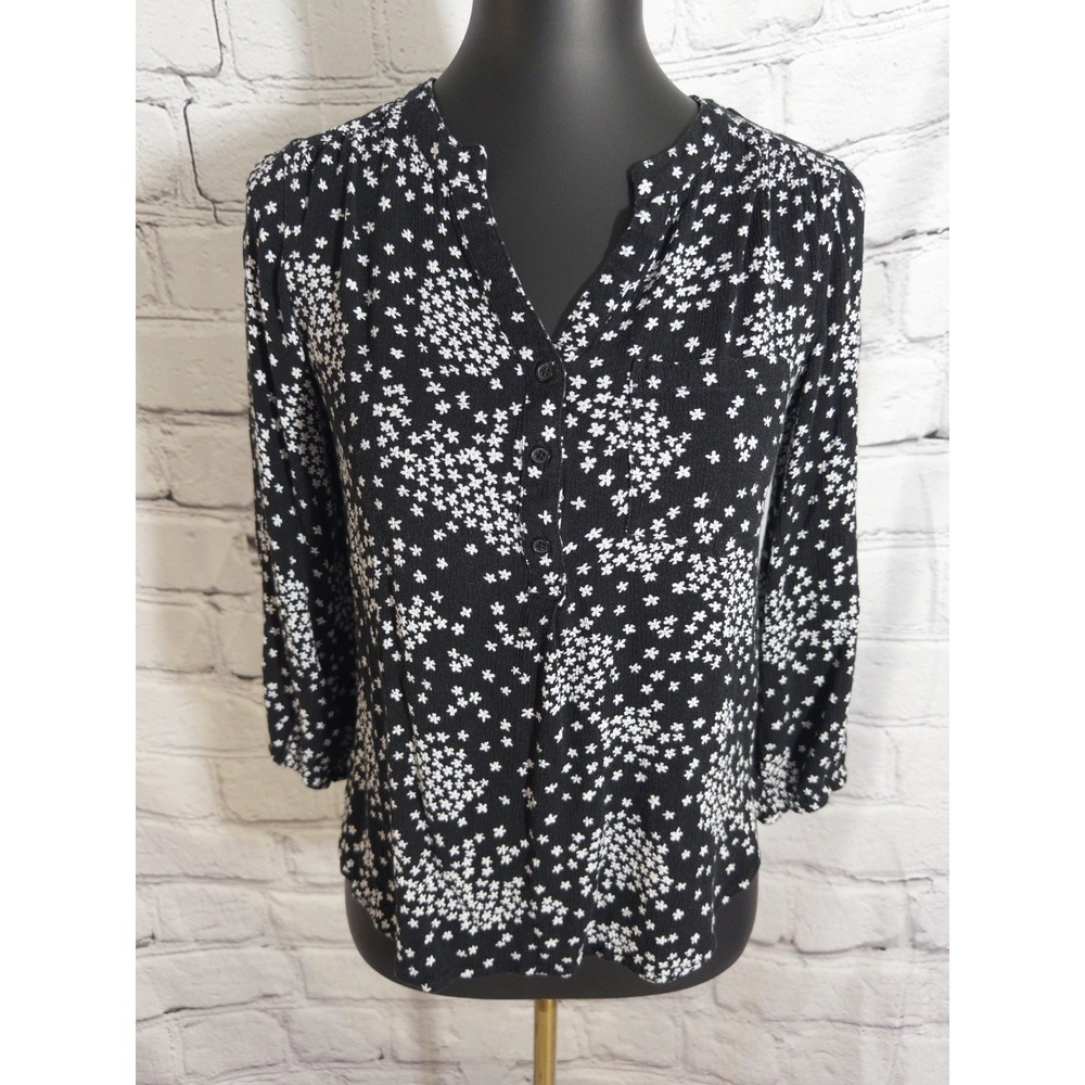 Market & Spruce Blouse Womens XS Black Floral Button Split Neck 3/4 Sleeve